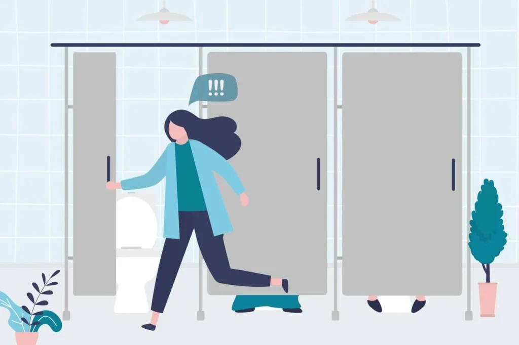 graphic of Urine incontinence The Potteries woman running to the toilet.