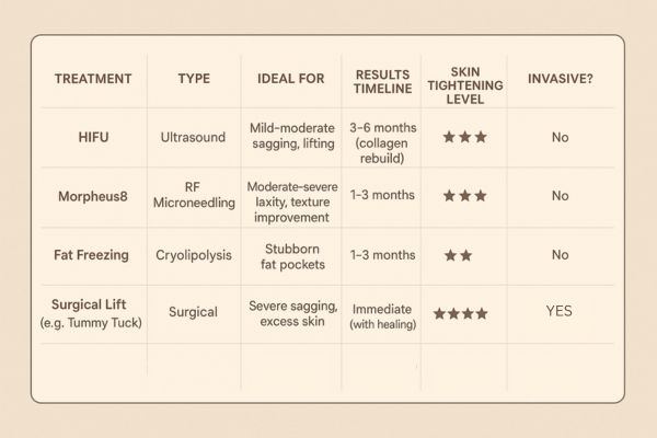 Table showing the comparisons of Skin tightening The Potteries treatment options.
